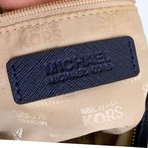 Michael Kors Saffiano Leather Satchel Crossbody Navy Gold MK Charm - Picture 11 of 13